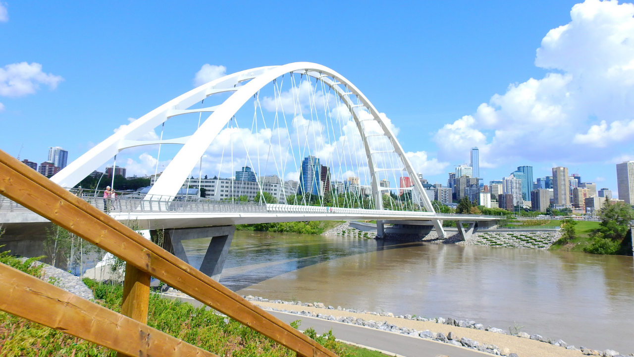 summer view of the new walterdale bridge to downtown edmonton